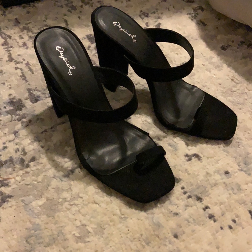 Strappy black suede heels